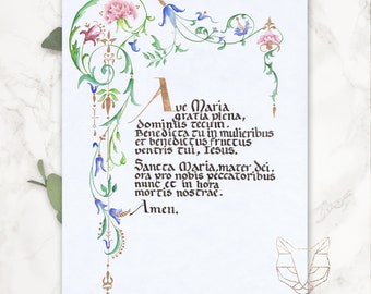 Poster "Ave Maria" mittelalterliche Buchmalerei / Kalligrafie A4 Digital Download