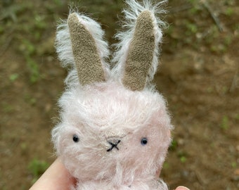 Free shipping! Light pink bunny, rabbit, yellow knitted pants, handmade, stuffed animal, OOAK teddy bear, mohair, glass eyes, ぬいぐるみ, うさぎ