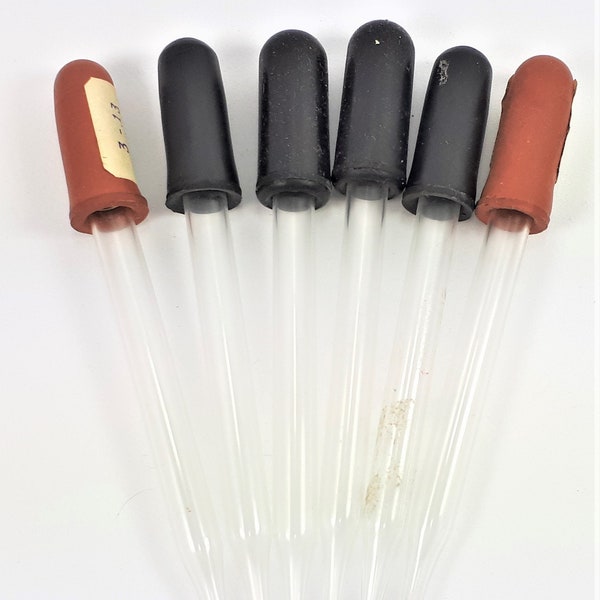 Vintage Glass and Rubber Droppers, Eye Droppers, Essential Oil Droppers, Dropping Pipettes, Lab Glass Droppers, Lot of 6 Droppers, 1960s