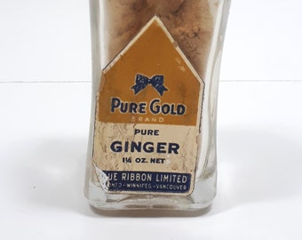 1960s Blue Ribbon Ginger Glass Spice Bottle, 1.25 oz, Pur Gold Brand, Canadian, Clear Glass, Metal Lid, Advertising Bottle, Kitchen Decor