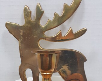 Solid Brass Reindeer Holder, Tapered Candle Holder, 6.5" Tall, Vintage 1980s