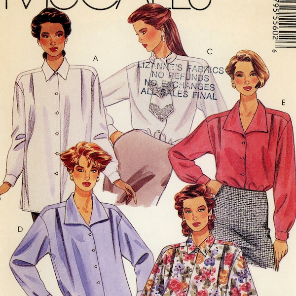 McCall's 5560 Sewing Pattern Blouse, Size 10, 12, 14, Loose Fitting Top, Tunic, Drop Shoulder, Long Sleeve, Collar, Button Front, Tie Collar