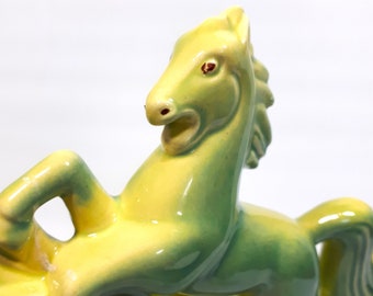 Beauceware Rearing Horse Planter, 11 Inches Long, 551 MCM Green Ceramic Candy Nut Dish, Stallion, Canada, Vintage 1950s