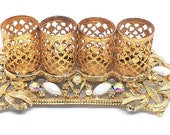 Mid Century Gold Ormolu Lipstick Holder Aurora Borealis Rhinestones And Faux Pearls Filigree Holds 4 Lipsticks Vanity Storage Vintage