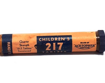 1940s Children's 217 Tablets Plastic Pill Bottle, Tube, Charles E Frosst & Co, Pharmacy, Medicine Cabinet, Drug Store, Acetophen, Vintage