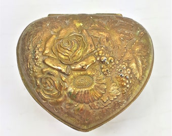 Brass Heart Shape Trinket Box Embossed Floral Trinket Box Flower Trinket Box Hinged Trinket Box Vintage 1970s