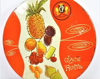 CP Brand Candy Tin Glace Fruits Round Tin with Lid 7 Inch Fruit Candy Pineapple Cherry Melon Plums Pear Vintage 1950s