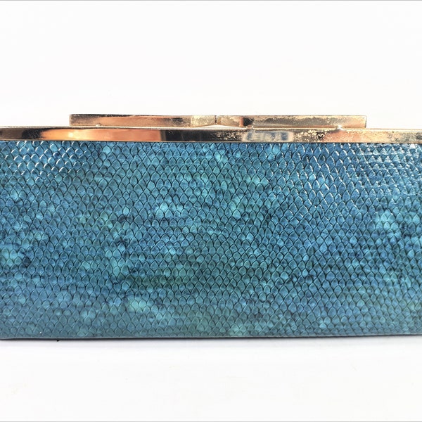 Buxton Leder Portemonnaie, Clutch Geldbörse, Faux Snake Skin, Türkis, Blau, Damen Portemonnaie, Gold küssen Verschluss, Original Box, Vintage 1980er Jahre, NOS