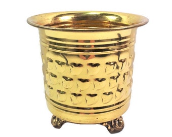Brass Planter with Embossed Hearts and Brass Feet Flower Pot Vintage