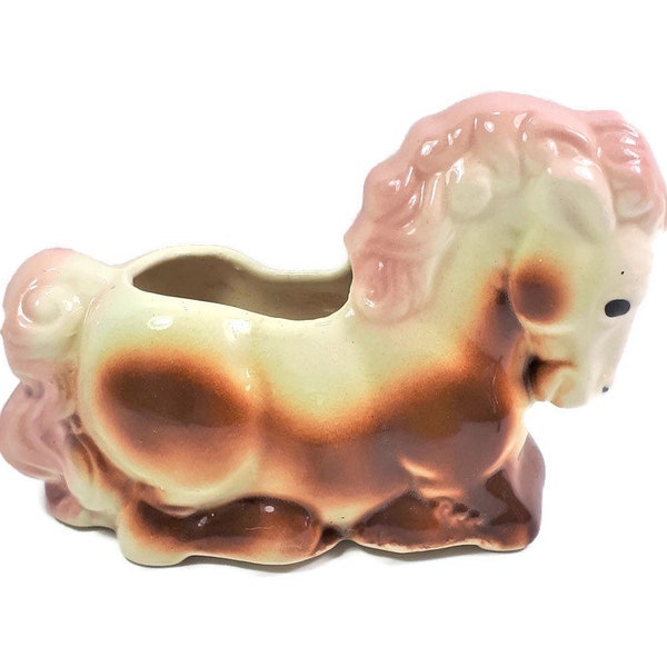 American Bisque Horse Pony Planter USA Pottery Figural Horse Pink Mane and Tail Succulents Planter Ceramic Planter Vintage 1950s