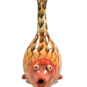 Hand Painted 3D Abstract Fish Bottle Glazed Pottery Puffer Fish Cartoon Fish Made in Italy Vintage