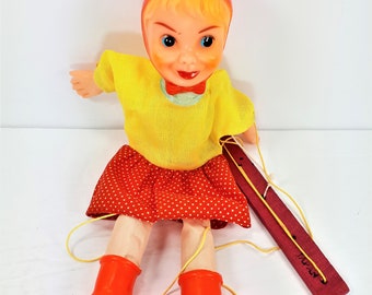 Girl Marionette Girl with Hat and Dress Girl Puppet Rubber Face Mid Century 10.5 Inches Tall Made in Japan Vintage 1950's