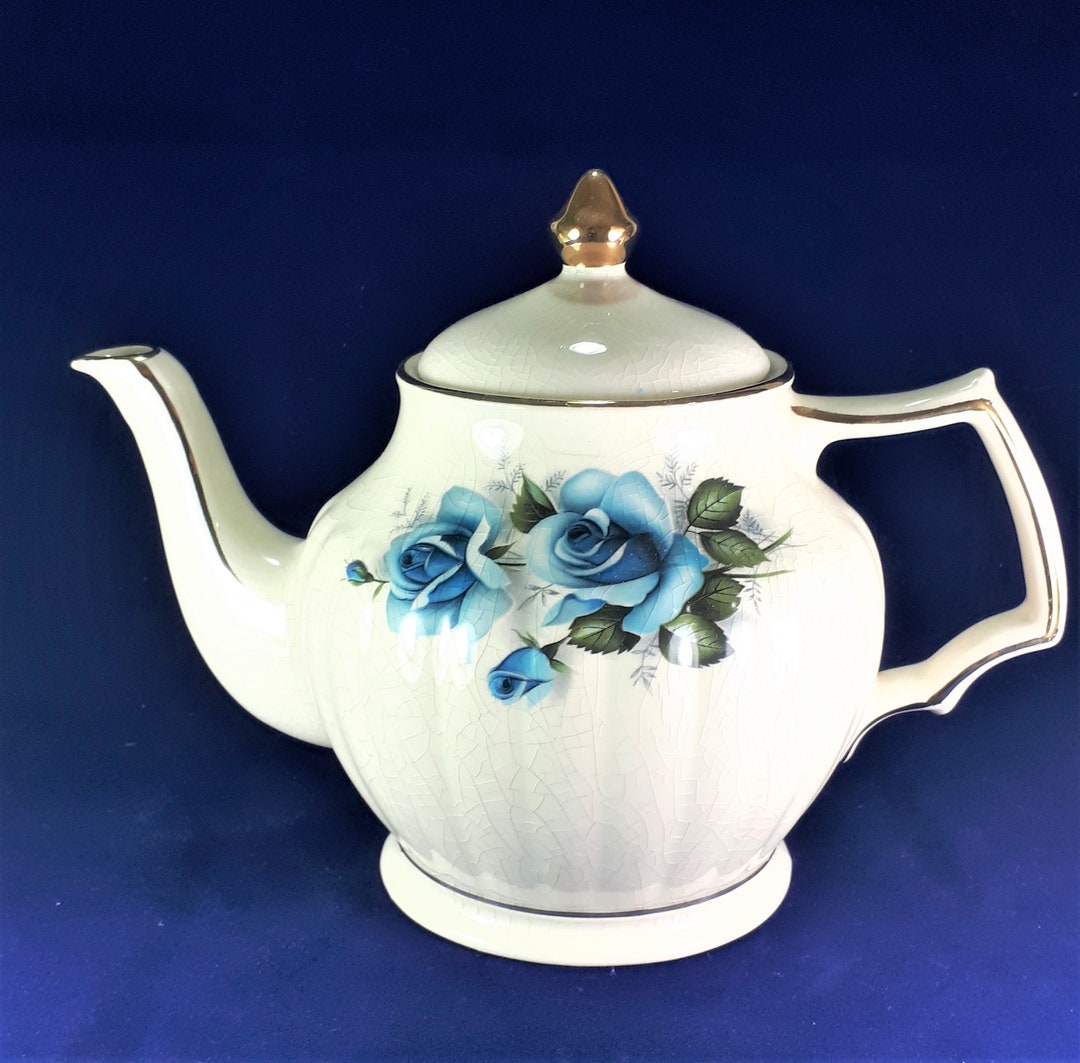 Sadler Teapot With Blue Roses Blue Floral Teapot Round Ribbed Etsy