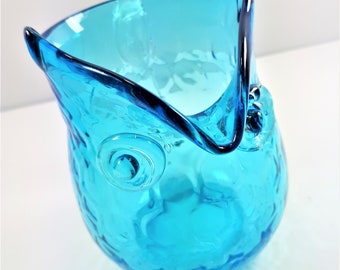 Turquoise Glass Owl Small Pitcher Creamer Clear Glass Handle Syrup Dispenser Vintage