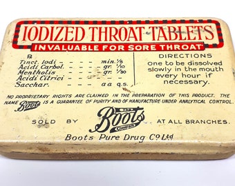 Boots Iodized Throat Tablets Tin, Boots Pure Drug Co England, Rexall Canada, Medicine Tin, Pharmacy, Drug Store, Chemist, Vintage 1950s