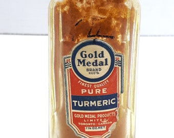 1960s Gold Medal Turmeric Glass Spice Bottle, 1.25 oz, Toronto, ON, Clear Glass, Metal Lid, Advertising Bottle, Kitchen Decor