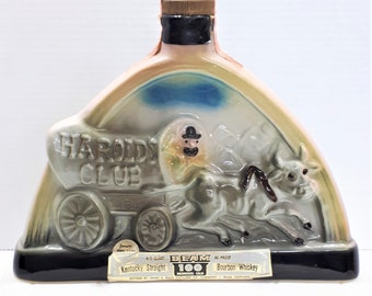 Jim Beam Decanter, Harold's Club, Covered Wagon and Ox, Vintage 1969, C. Miller, Liquor Bottle, Ceramic, Whiskey, Comes Empty