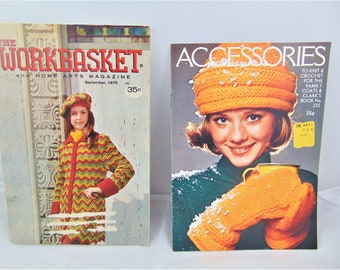 Vintage Knitting and Crochet Pattern Books, Lot of 2, Accessories Book, The Workbasket and Home Arts Magazine, Coats and Clark's, 1970s