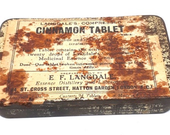 c 1900 Antique Cinnamon Tablet Tin, Langdales's Compressed, Influenza Medicine, Chemist, Pharmacy, Medicine Cabinet, Drug Store, Bathroom