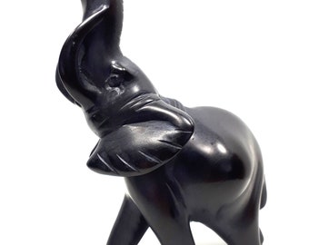 Black Stone Elephant, Hand Carved, Trunk Up, Lucky Elephant, 6 Inches Tall, Soapstone, Feng Shui, Library Office Decor