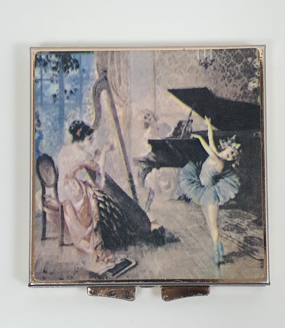 Ballerina Pill Box, Square Gold Tone, Woman Playi… - image 2