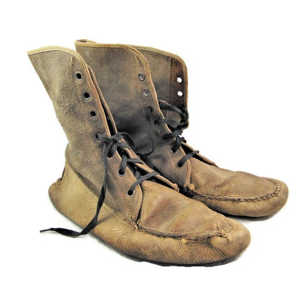 A Pair of Vintage Leather Moccasins Mukluks for Snowshoes, circa 1930's - 1940's, for Display, Canadian Moccasins, Winter Boots