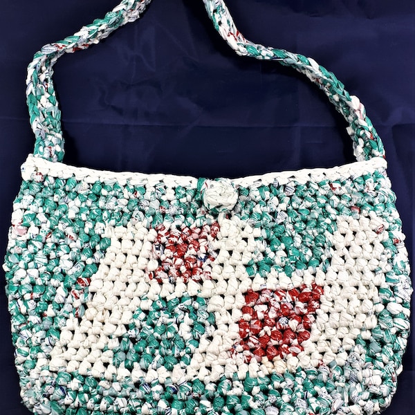 Handmade Tote Bag made from PLARN (yarn made from plastic bags) Upcycled Purse Knit PLARN bag Earth Friendly Tote White Red Turquoise