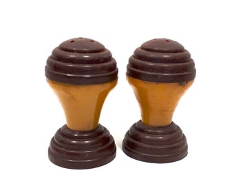 1930s Bakelite Salt and Pepper Shakers, Brown and Beige, Art Deco, Vintage