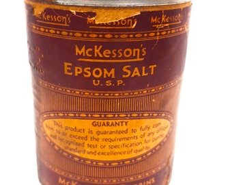 McKesson's Epsom Salt Tin, 4 oz, Quackery Healing, Saline Laxative and Purgative, Round Container, Vintage 1920s