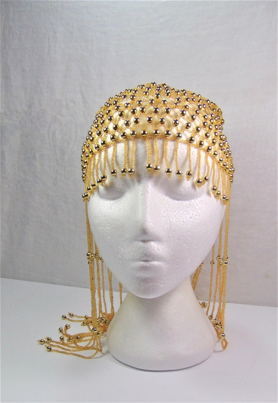 1920's Flapper Gold Headdress, Fringed Skull Cap,… - image 3