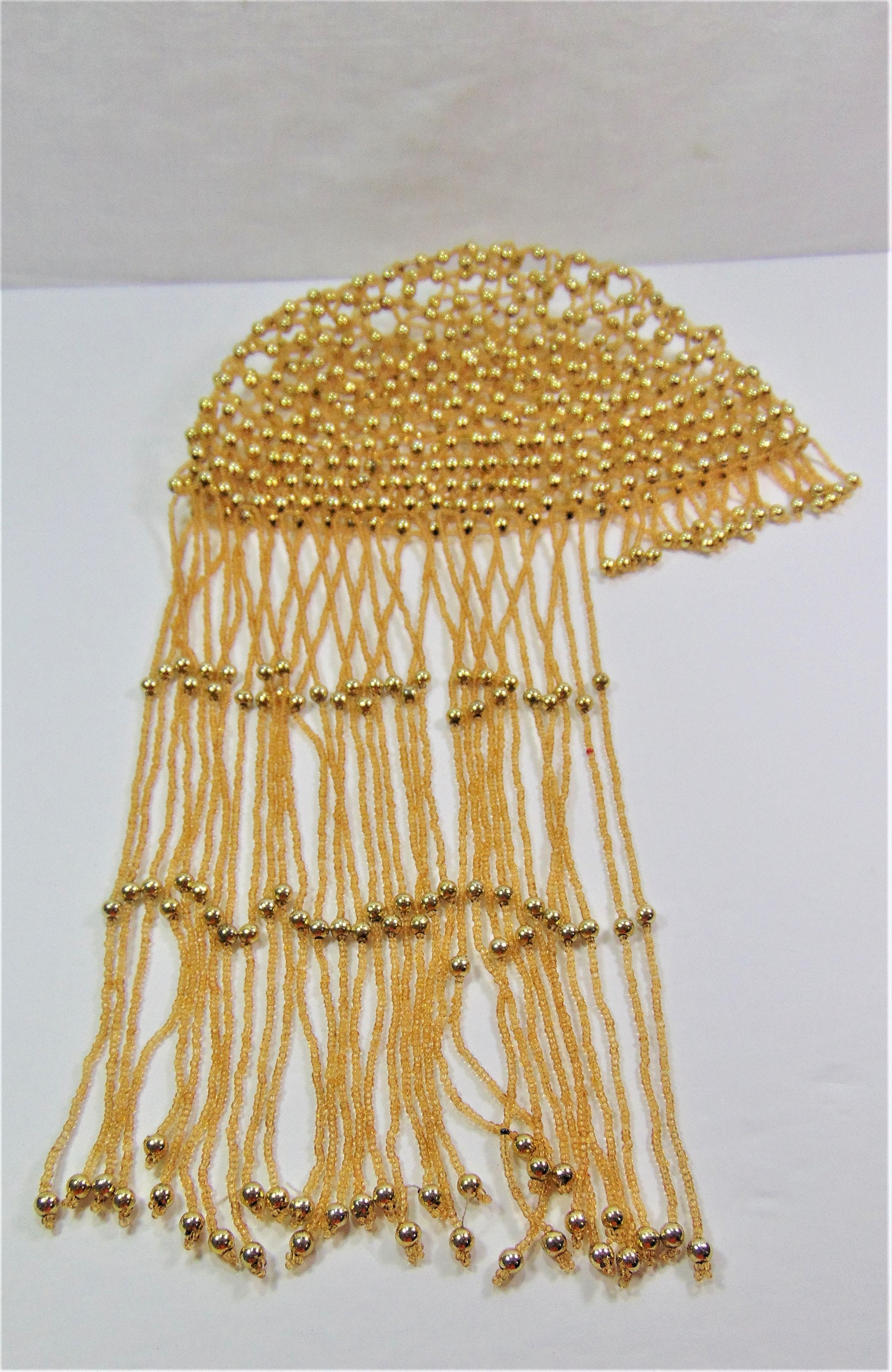 1920's Flapper Gold Headdress, Fringed Skull Cap, Cloche 1920's Flapper Gold Headdress, Fringed Skull Cap, Cloche