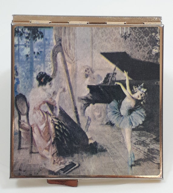 Ballerina Pill Box, Square Gold Tone, Woman Playi… - image 9