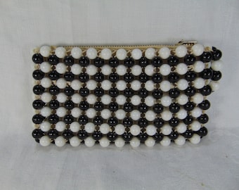 Vintage Mod Black and White Beaded Change Purse, Coin Pouch - 1960's
