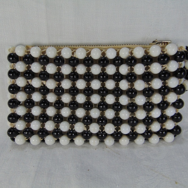 Vintage Mod Black and White Beaded Change Purse, Coin Pouch - 1960's