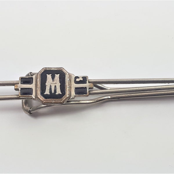 1940's Monogramed Tie Bar, W or M Monogram, W or M Initial, Silvertone Tie Bar, Tie Clip, Black Enameled Tie Bar, Vintage