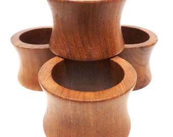 Vintage Teak Napkin Rings, Wood Napkin Holders, Set of Four, Made in Hong Kong for Eaton's, Concave, Flared Holders, 1970s