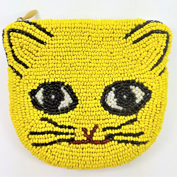 Beaded Cat Coin Purse, Yellow, Glass Beads, Zipper, Novelty Kitty Wallet, Vintage 1980s - 90s