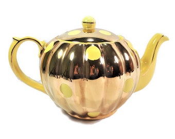 Gibsons State Teapot Yellow and Gold with Yellow Polka Dots Round Ribbed Tea Pot Gold Gilt Vintage Made in England