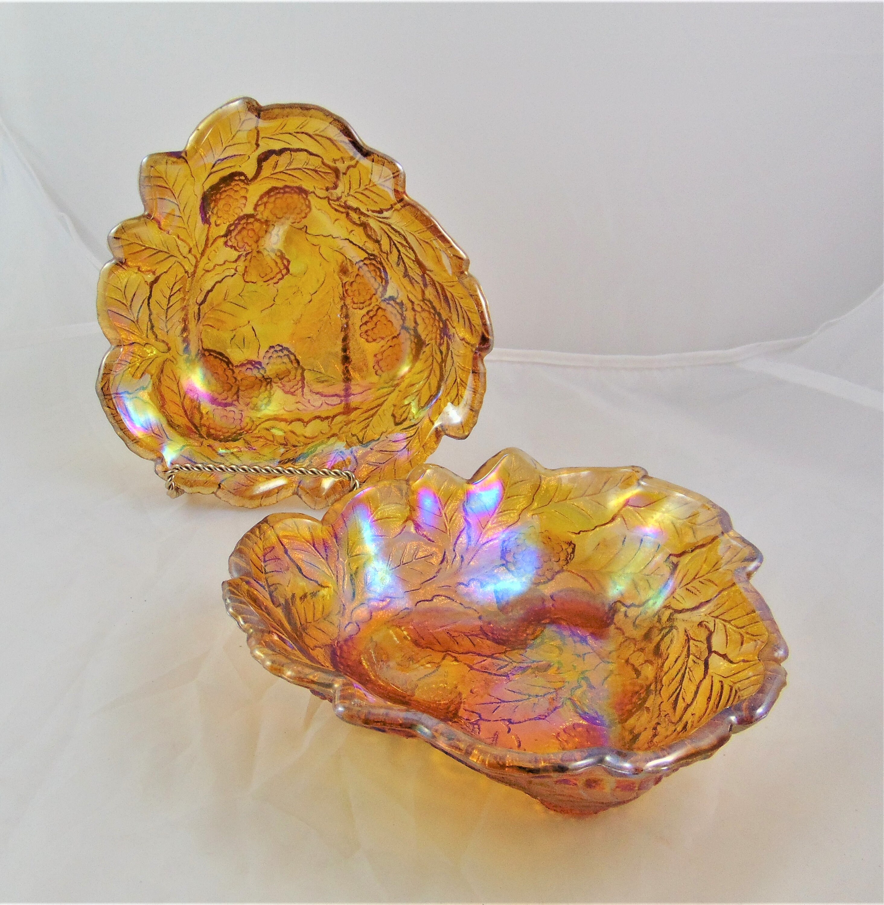 Collectible Glass Vintage Marigold Carnival Glass Candy Dish Grape Leaf