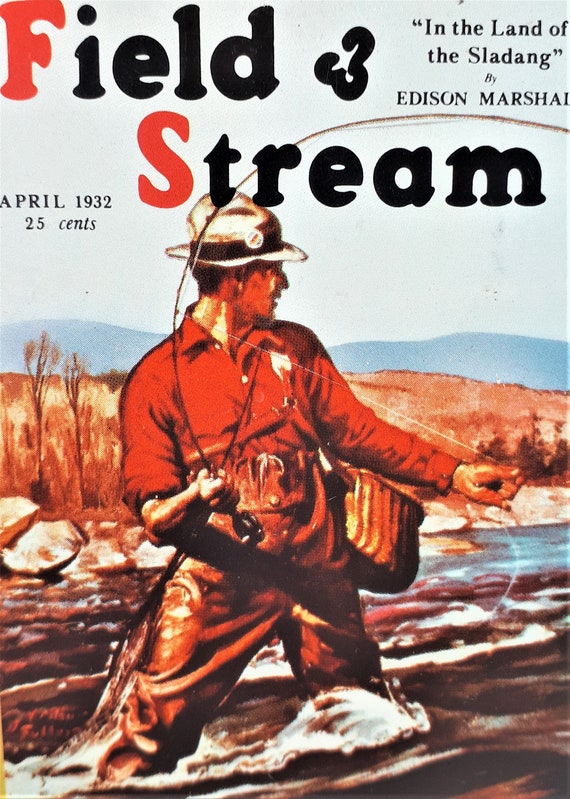 Field & Stream Tin, Cover for April 1932 Magazine, Man Fly Fishing, Tin  With Lid, Edison Marshall, Vintage 1908s 