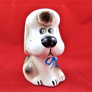 Vintage Dog Bank, Coin Bank, Made in Japan, Ceramic, White Dog with a Blue Bow, Piggy Bank