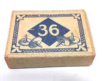 c 1900 Antique 36 Thumb Tax Box, Thumbtacks, General Store, Push Pins Box, Comes Empty, Cardboard and Wood, School Supplies, Tacks Box