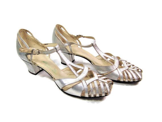 1920's Silver Leather Womens Shoes, Flapper Party