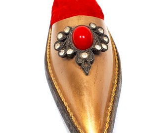 Shoe Slipper Pincushion, Hat Pin Holder, Jewelled, Rhinestones, Red Velvet, Gold Metal, Jameco Pin Cushion, Vintage 1950's