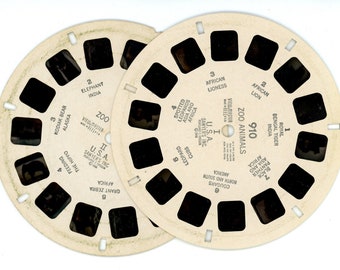 View-Master Zoo Animals USA I II Reels, Sawyer's, Vintage 1948,  Reels 910 and 911, 2 Reels and 2 Sleeves, Lion, Wolf, Zebra, Hippo, Tiger