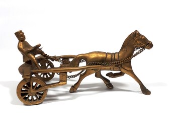 Solid Brass Horse and Driver, Jockey, Cart, Buggy, Race Horse, Man, 6 Inches Long,  Vintage 1970s