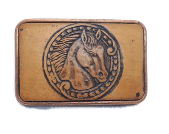 Horse Belt Buckle Tooled Leather and Copper Century Canada Cowboy Buckle Trucker Buckle Vintage