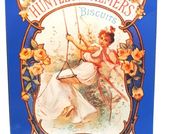 1901 Huntley and Palmers Biscuits Tin, Reading and London, Vintage 1980s Reproduction, Victorian Lady on Swing, Roses, Flowers, Rectangular