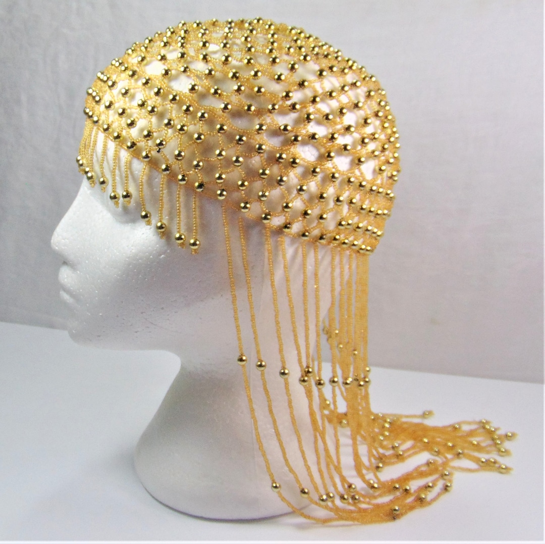 1920's Flapper Gold Headdress, Fringed Skull Cap, Cloche 1920's Flapper Gold Headdress, Fringed Skull Cap, Cloche