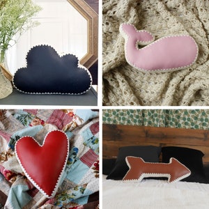 Shape Pillow, Crochet Edging & Faux Leather, One Made To Order (Arrow, Cloud, Heart, Whale)